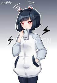 caffe0w0, jitomi monoe, voms, commentary, commission, english commentary,  highres, 1girl, black hair, black pantyhose, blush, frown, grey background,  hand in pocket, jacket, lightning bolt symbol, looking at viewer, magnet,  pantyhose, red eyes,