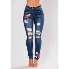 Flower Embroidered Ripped Jeans For Women Sexy Casual Big Stretch Skinny Jeans Denim Pants