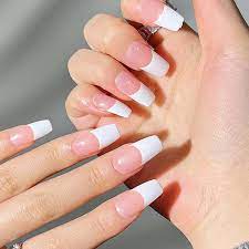 fake nails white pink french nails long