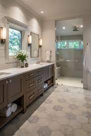 75 gray tile bathroom with quartz