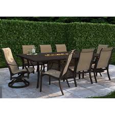 Sunnyland outdoor patio furniture in dallas fort worth texas carries castelle by pride outdoor furniture for all your outdoor needs in our dallas showroom. Castelle Madrid Sling Outdoor Dining Set With Classical Firepit Dining Table For 8 Cs Madrid Set4