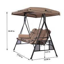 3 Person Porch Metal Patio Swing With Adjustable Canopy And Cup Holders