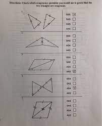 But ,aas is also used to congruent two triangles as a corollary,which is just equivalent to asa because we know that if two angles of two triangles one must also have an angle supplementary to an angle in the other, like cda and bda shown below. Solved Directions Check Which Congruence Postulate You W Chegg Com