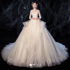 Charming Champagne Wedding Dresses 2020 Ball Gown V Neck Glitter Beading Sequins Rhinestone 3 4 Sleeve Backless Royal Train