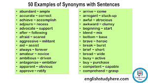 50 exles of synonyms with sentences