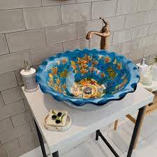 Round Bathroom Vessel Sink Blue Fish