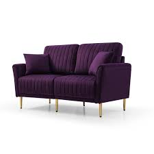 31 5 In Purple Velvet Upholstered Modern 2 Seats Sofa Loveseats With Gold Legs
