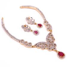 Light Weight Gold Plated Ruby Color Stone Short Necklace