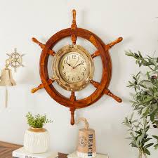 Gold Wood Nautical Wall Clock By