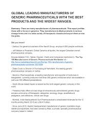 Global Leading Manufacturers Of Generic Pharmaceuticals With