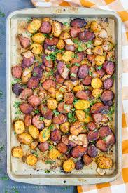 sheet pan sausage and potatoes dinner