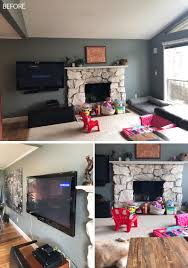 Check out this before & after for a white living room! Before After Living Room Renovation With A Recessed Tv Above A Fireplace