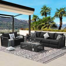 Nicesoul Modern Rearrangeable 5 Piece Charcoal Wicker Patio Frie Pit Deep Seating Sofa Set With Ultra Thick Grey Cushions