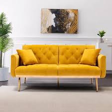 homefun 63 7 in wide mustard yellow velvet upholstered 2 seater convertible sofa bed with golden metal legs size 30 70 h x 63 77 w x 31 49 d