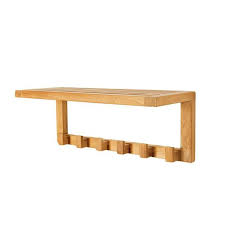 Wall Shelf In Natural Teak With 6 Hooks