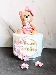 Adorable Teddy Bear Girls 1st Birthday Cake Made With Satin Ice Fondant  gambar png