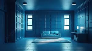 dark room with blue walls and floors