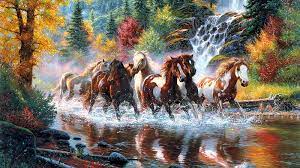 running horses near waterfall and