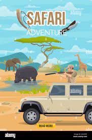 Aventura de caza de safari africano. Cazador en el carro de caza con rifle y cuerno cazando en elefante sabana, hipopótamo o cebra animales salvajes tro Imagen Vector de stock - Alamy