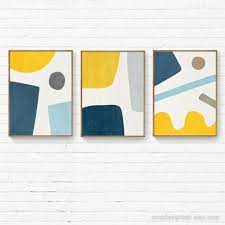 Set Of 3 Blue Yellow Gray Wall Art Set