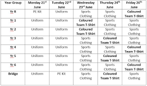sports week clothing timetable and
