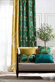 52 w x 84 l Iris Flower With Mustard Yellow Geometric Pattern With Emerald Green 2 In 1 Windo Living Room Decor Curtains Green Living Room Decor Green Curtains Living Room