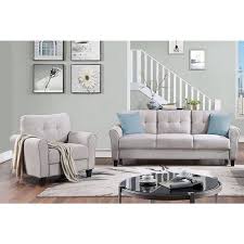 2 Piece Wood Top Gray Sofa Living Room Sets Linen Upholstered Couch Furniture 1 3 Seat