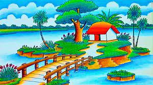 how to draw riverside village scenery