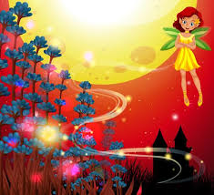 cute fairy flying in garden with red