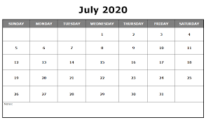 Download Free Monthly July 2020 Calendar Printable Template