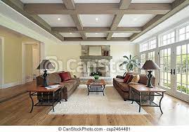 family room with wood ceiling beams