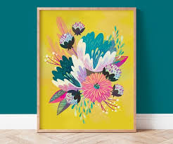 Colorful Flower Wall Art Bright Gold