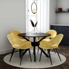 It s a bit cramped but it s perfectly possible as long as the chairs fit. Black Round Dining Table With 4 Mustard Yellow Fabric Dining Chairs Buyitdirect Ie