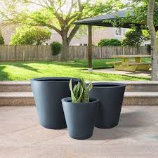 Sapcrete 12 15 18 D Concrete Round Outdoor Planters With Drainage Plug Lightweight Modern Plant Pots For Garden Charcoal Grey