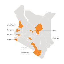 Vector map of kenya with named counties and travel icons. Kenya Village Enterprise