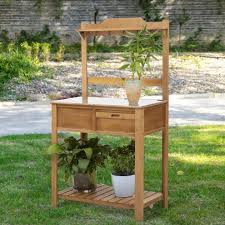Wooden Garden Potting Table With Metal