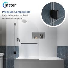 Inster Venus 34 In W X 58 In H Pivot Frameless Tub Door In Black Hinges With Clear Glass