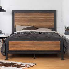 Rustic Oak Queen Size Metal Bed Frame