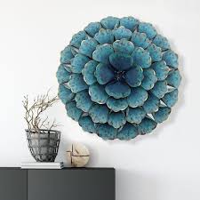 metal teal blue round flower wall decor