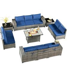 Crater Grey 13 Piece Wicker Wide Plus Arm Outdoor Fire Pit Patio Conversation Sofa Set With Navy Blue Cushions