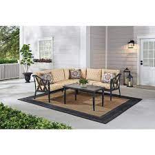 Hampton Bay Harmony Hill 3 Piece Black Steel Outdoor Patio Sectional Sofa With Cushionguard Toffee Trellis Tan Cushions