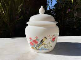 Vintage Milk Glass Jar With Lid Bird
