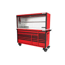 husky 72 in w x 24 6 in d professional duty 20 drawer mobile workbench tool storage combo with top tool chest hutch in red gloss red with black
