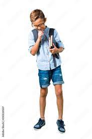 full body of student boy with backpack