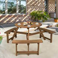 6 Person Round Wooden Picnic Table With