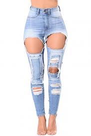 Womens Hot Popular Distressed Ripped Big Hole Light Blue Skinny Fit Jeans Beautifulhalo Com