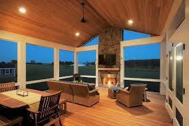A Fireplace In A Screened In Porch