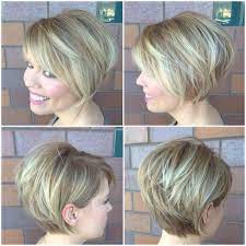 It is another variant of a hairstyle with a bang. Blonde Stacked Bob With Side Swept Bangs And Highlights Hair Styles Stacked Bob Haircut Bobs Haircuts