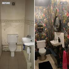 cloakroom makeover with lemur wallpaper