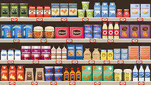 スーパーマーケット、商品や飲み物と棚。ベクトルのイラスト素材・ベクター Image 91394399